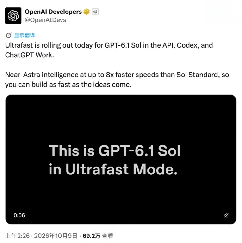 OpenAI推出GPT‑6.1 Sol Ultrafast极速版本，速度最高8倍、定价为标准版6倍