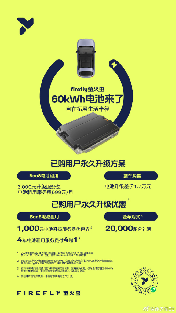 蔚来firefly萤火虫推出60kWh电池版本,老用户支持升级,CLTC续航560公里